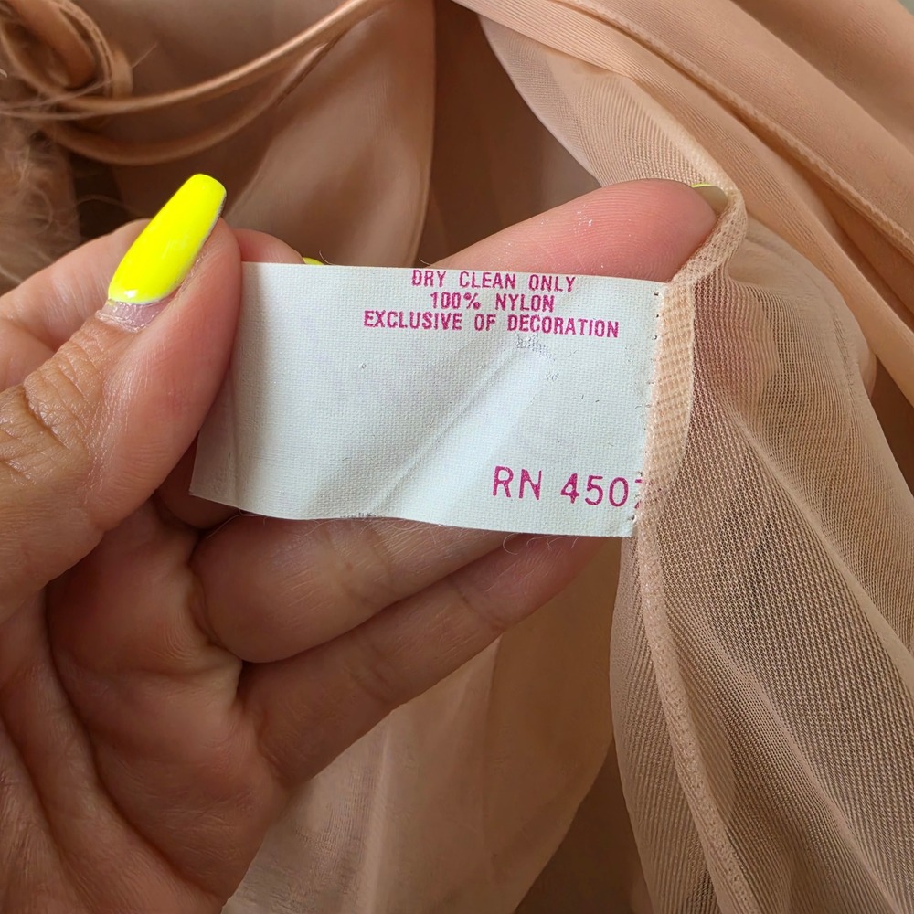 Intime of California Robe Women M Pink Sheer Feather Trim Long Mesh Vintage - Picture 4 of 10